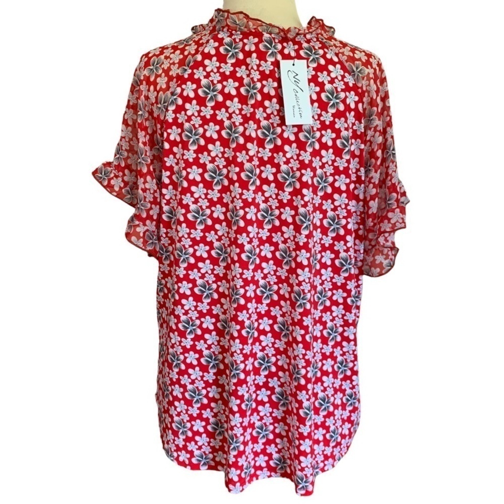 NY COLLECTION 1X Plus Size Floral Red relaxed fit women's Blouse top shirt - Picture 4 of 12